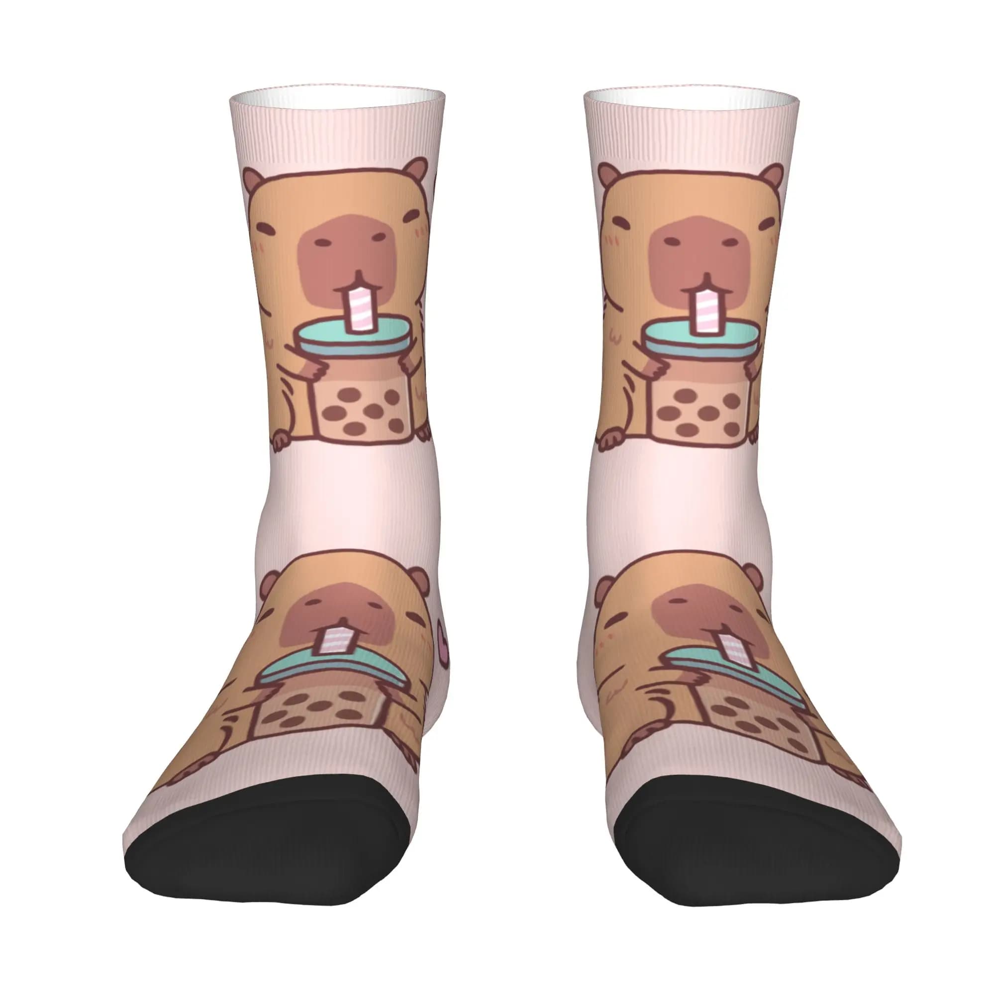 Custom Cute Capybara Loves Drinking Bubble Tea Mens Crew Socks Unisex Cool 3D Print Dress Socks