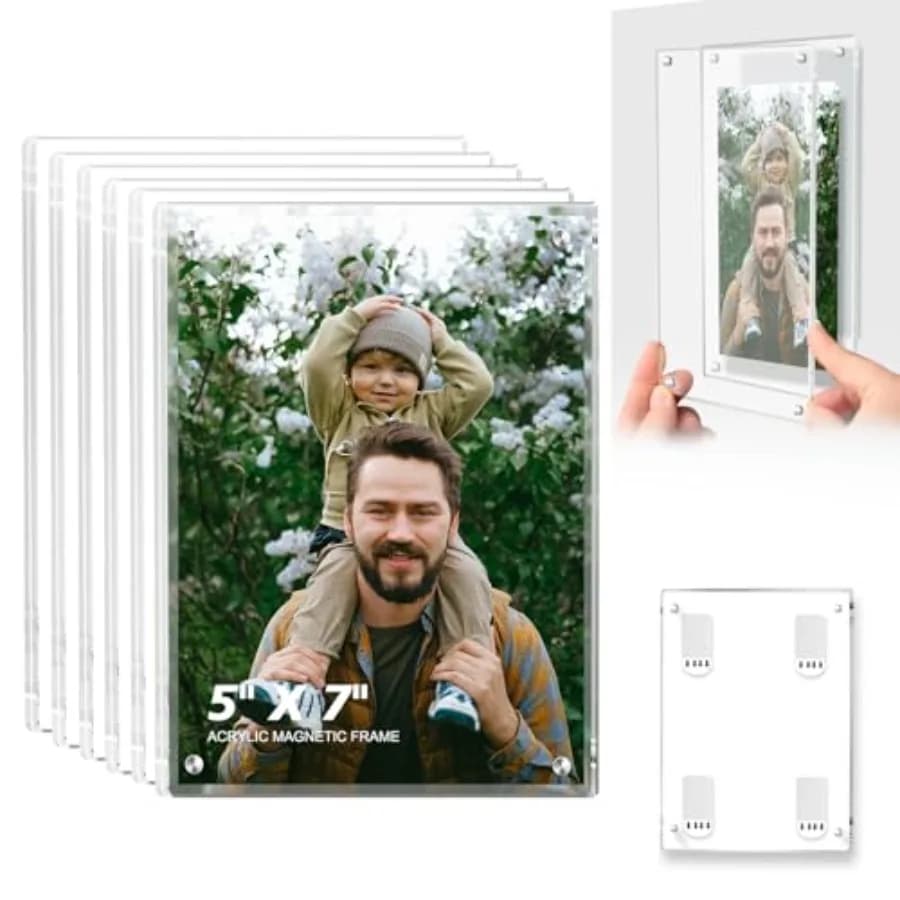 6 Pack 5x7 Magnetic Acrylic Picture Frame Stick to the Wall, No Drill Clear Photo Frames, Self Adhesive Framless Frames