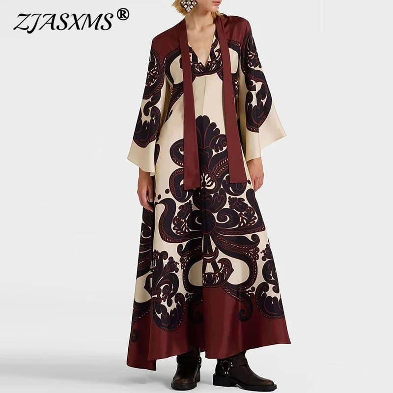 Muslim Ethnic Pattern Print Vintage Dress for Women Sexy V Neck Lace-up Long Dress Spring Fall 3/4 Sleeve Loose Party Maxi Dress