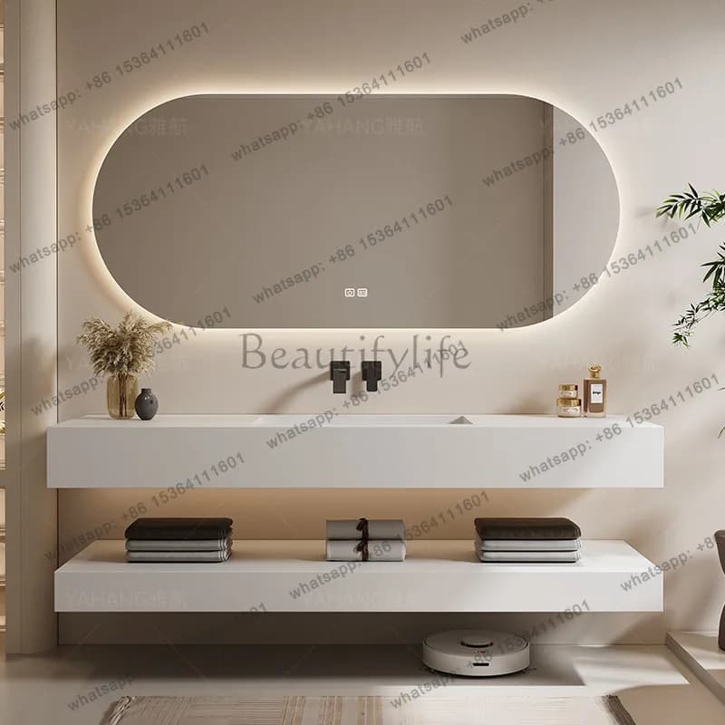Set mobile bagno con lavabo inclinato e lavello singolo/doppio in lastra di pietra integrata, specchio smart di lusso per bagno