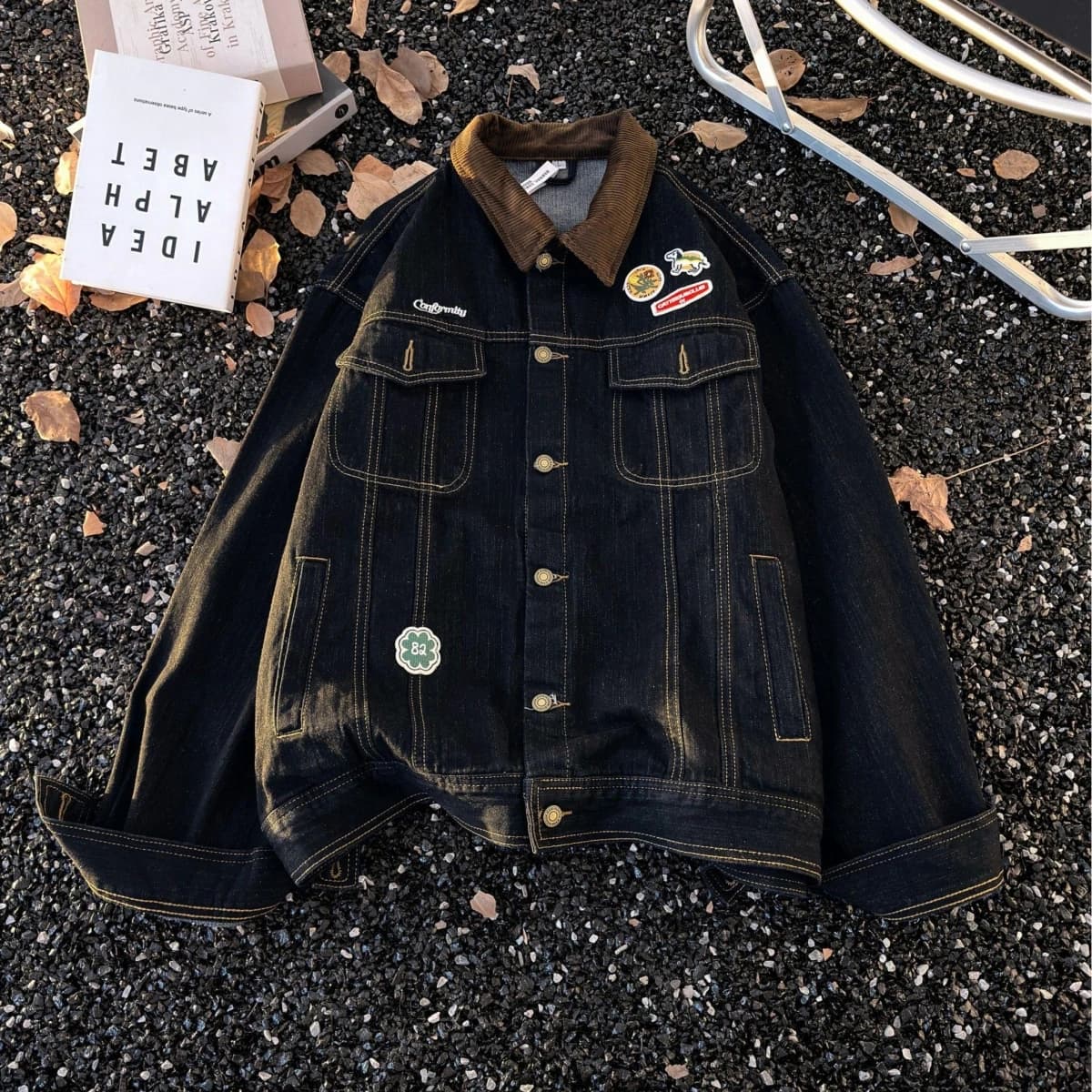 Retro American Embroidered Loose Fit Collared Denim Jacket for Men Casual Style Spring Autumn Outerwear Trendy Jeans Jacket