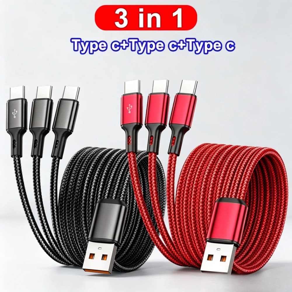 100W 3 in 1 6A USB To Type C Cable Fast Charge 0.2m/1.2m USB C Super Fast Charging Data Cord for iPhone 17 Samsung Galacy Xiaomi