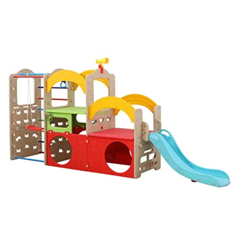 Parco Giochi Interno 10 in 1, Set da Gioco con Scivolo, Parete da Arrampicata, Scala, Altalena, Canestro da Basket, Anelli Sospesi | Giocattoli da Esterno