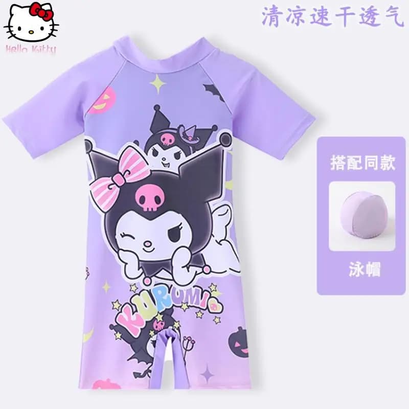 Nuovo Costume da Bagno per Ragazze Anime, Protezione Solare per Bambini, Maniche Corte ad Asciugatura Rapida, Cappuccio da Nuoto alla Moda Kuromi