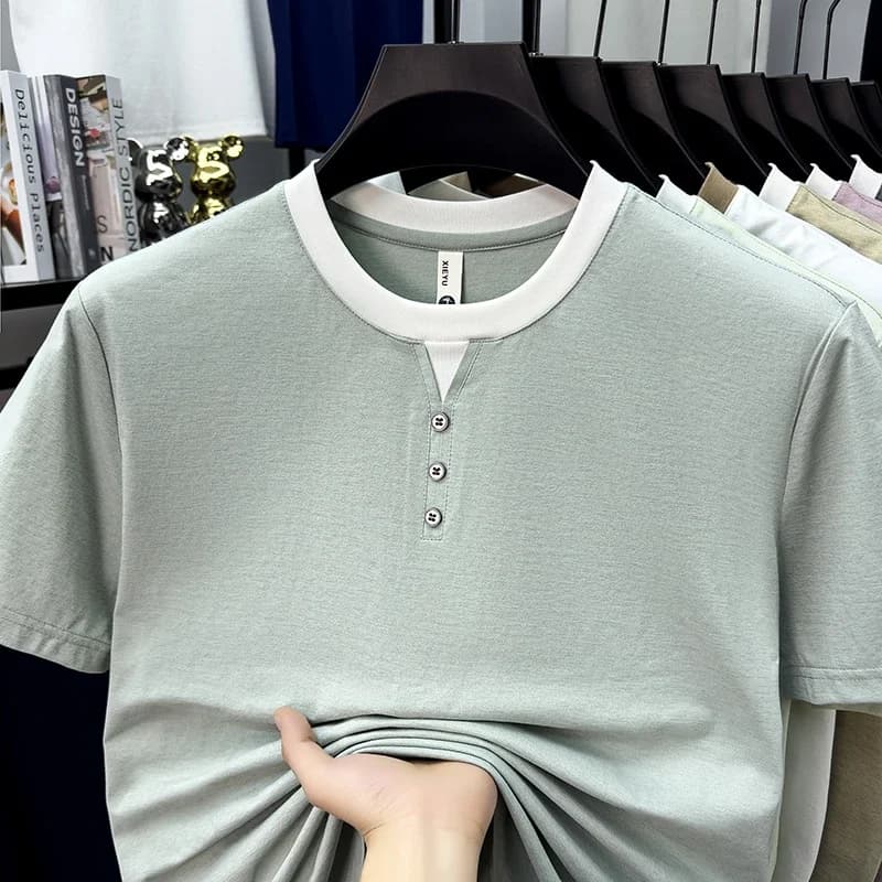 Mens Basic Henley Short Sleeve T Shirt With Placket Detail Breathable Fabric Tops For Work Travel And Casual Outings