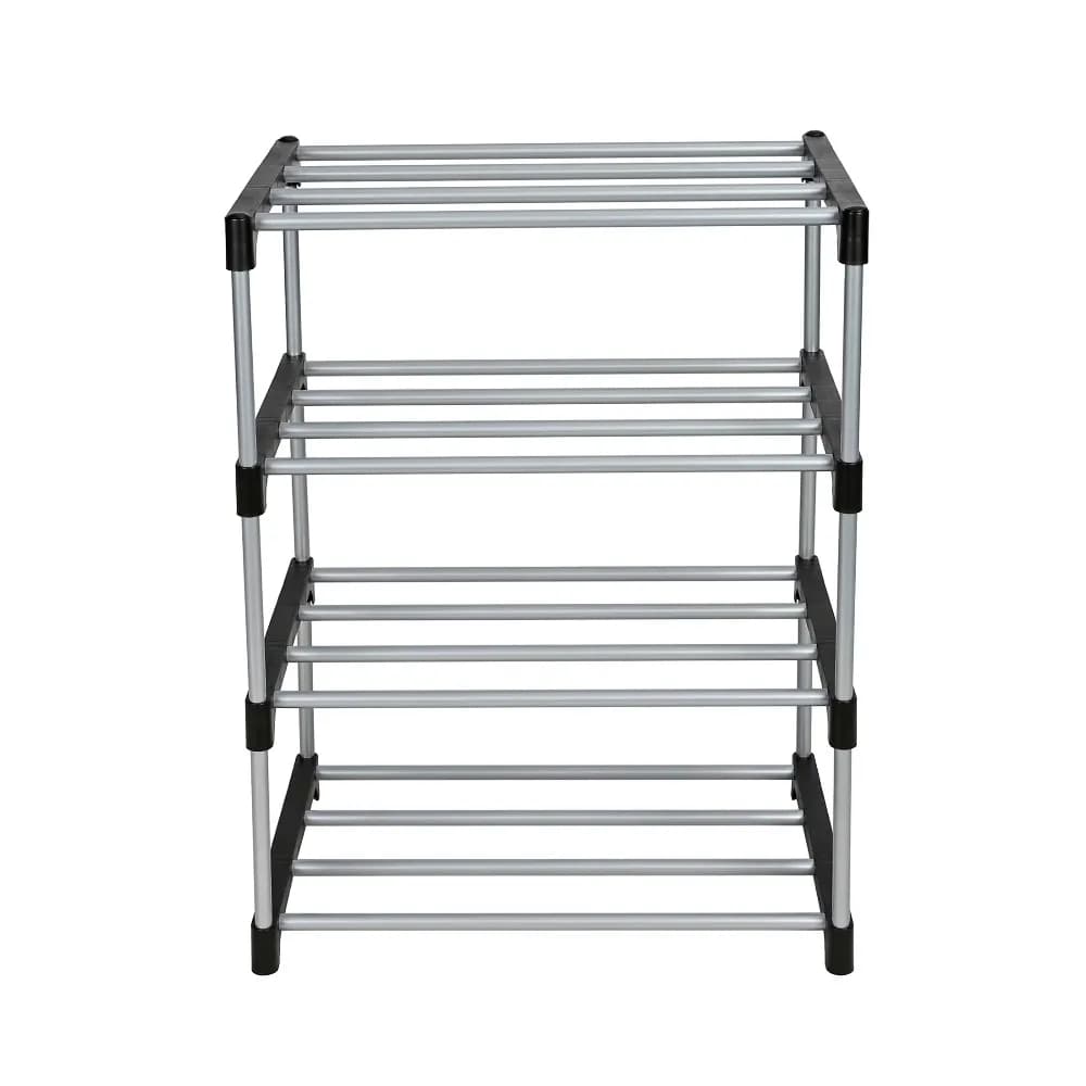 4 Tier Shoe Rack Organizer Storage Shelf for 8 Pairs of Shoes Black and Silver Metal Tube Frame with Plastic Connectors