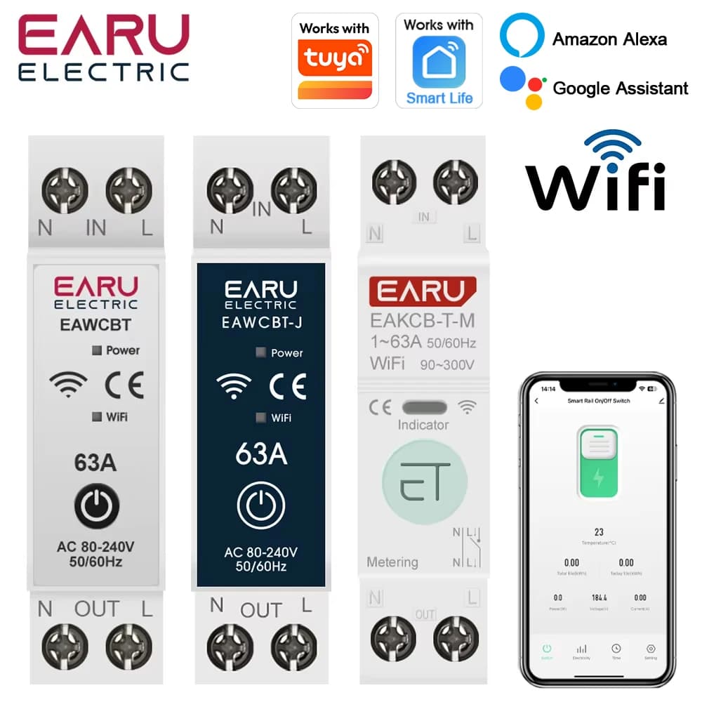 Tuya WiFi Smart Circuit Breaker MCB 1P + N 63A Timer Alimentazione Energia kWh Tensione Misuratore di corrente Protezione Interruttore di controllo remoto vocale