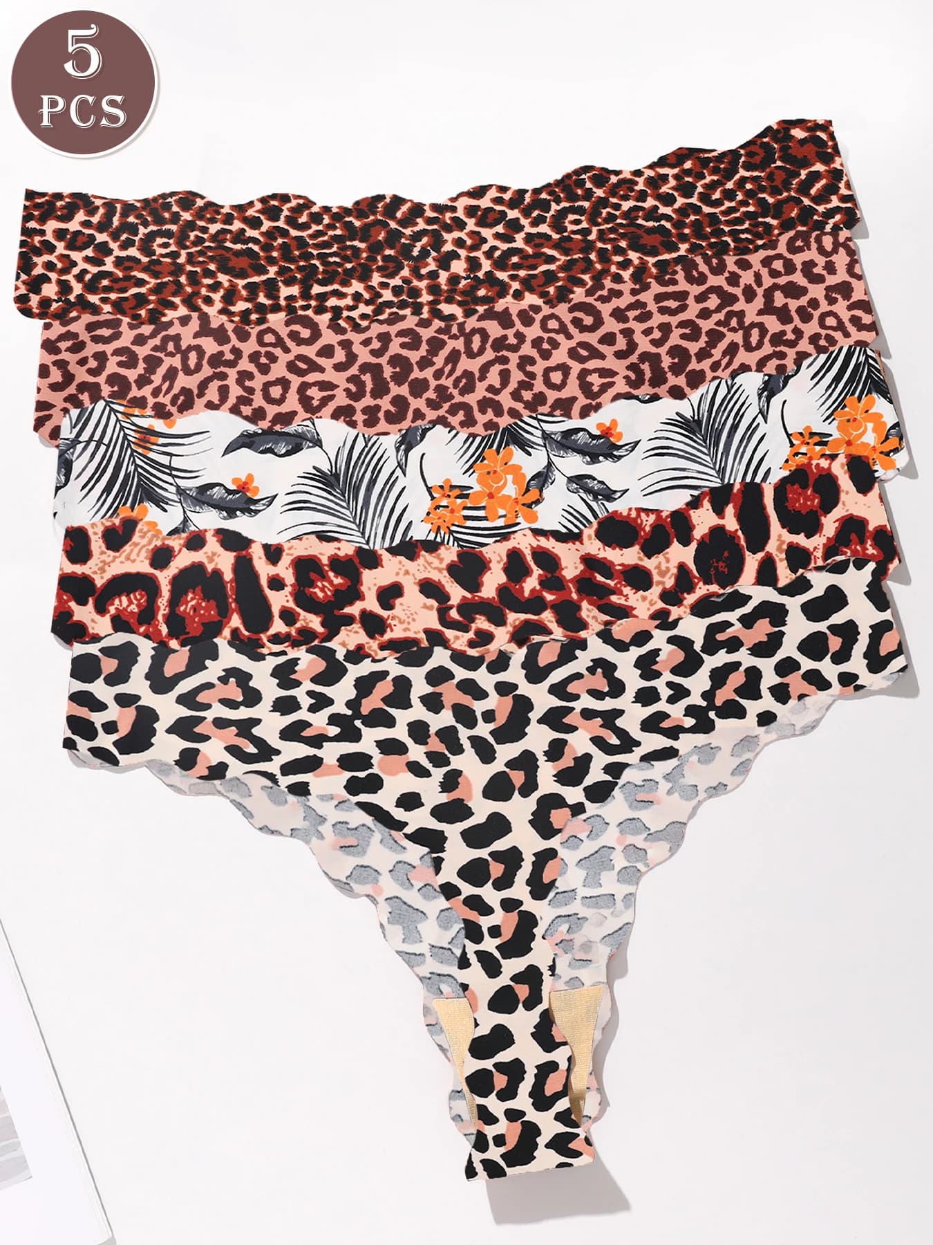 5 Pack Women's Seamless Thong, Leopard & Tropical Print Scalloped Edge No Show Comfort Underwear