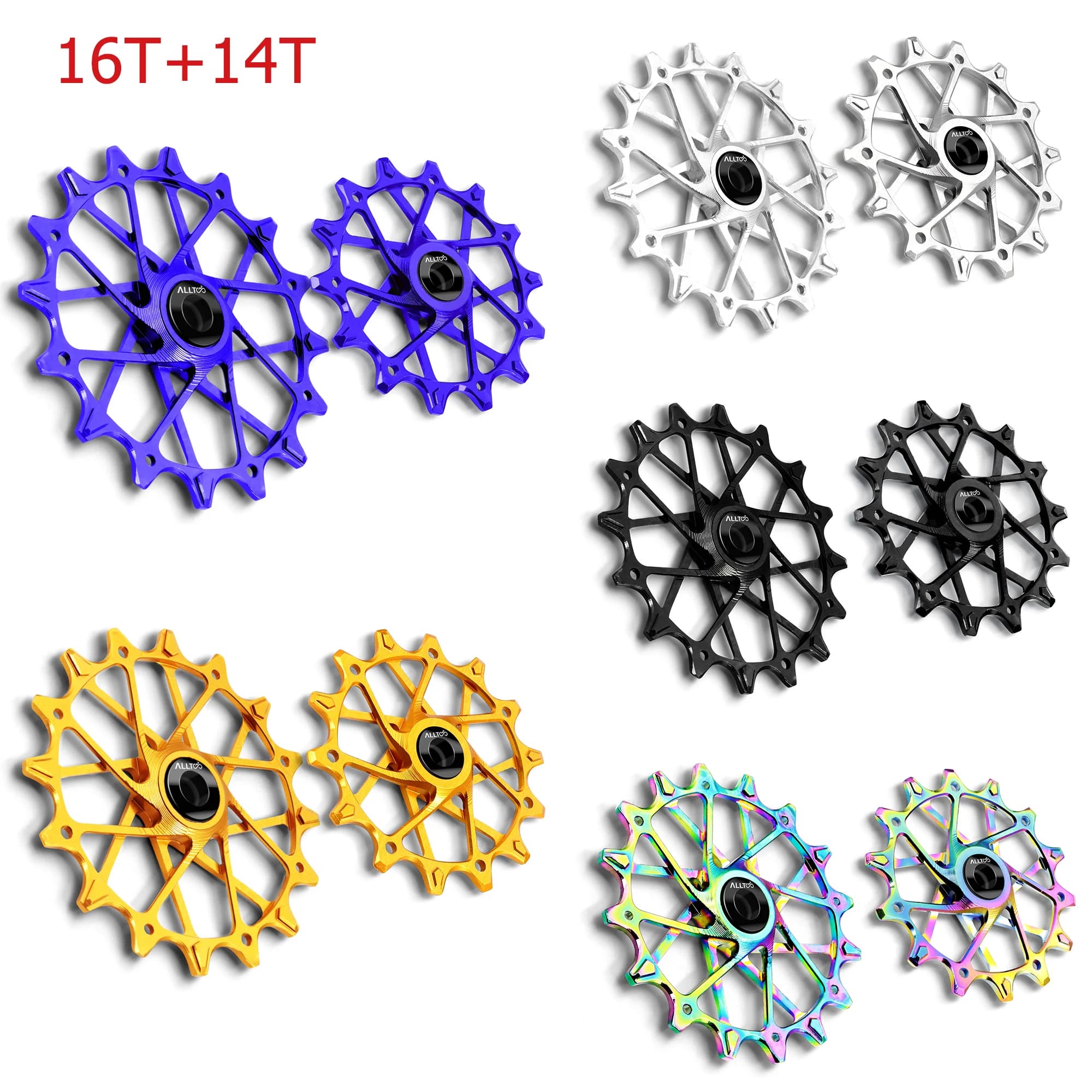 Ricambio Bici ALLTOO, Deragliatore Posteriore 14T+16T, Ruota Guida in Lega di Alluminio per Catena MTB e Bici da Strada, Compatibile con Shimano Sram Tutti i Modelli