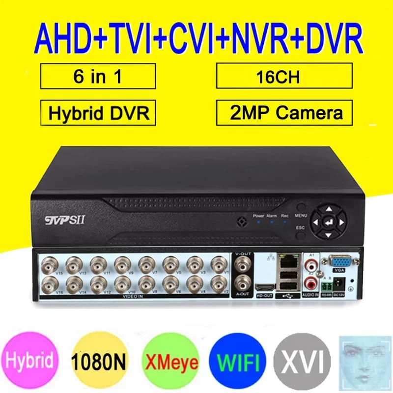 1080P DC12V 3A 1080N 16CH 16 channel Face Detection Hybrid 6 in 1 NVR TVI CVI AHD DVR Monitoring Recorder