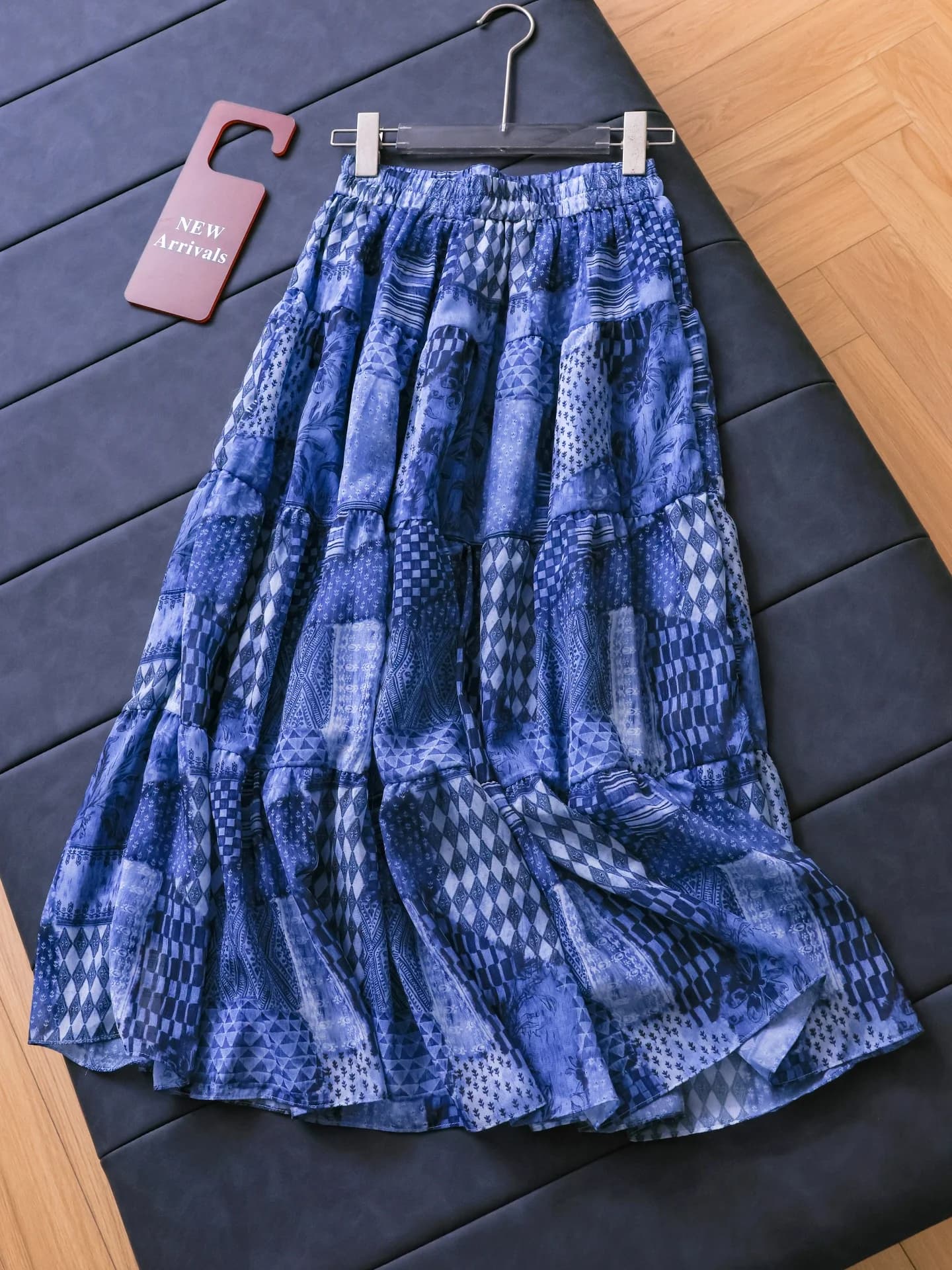 Gonna a Quadri Blu con Elastico in Vita, Leggera, Stile Vacanza, Linea A, Modello R664