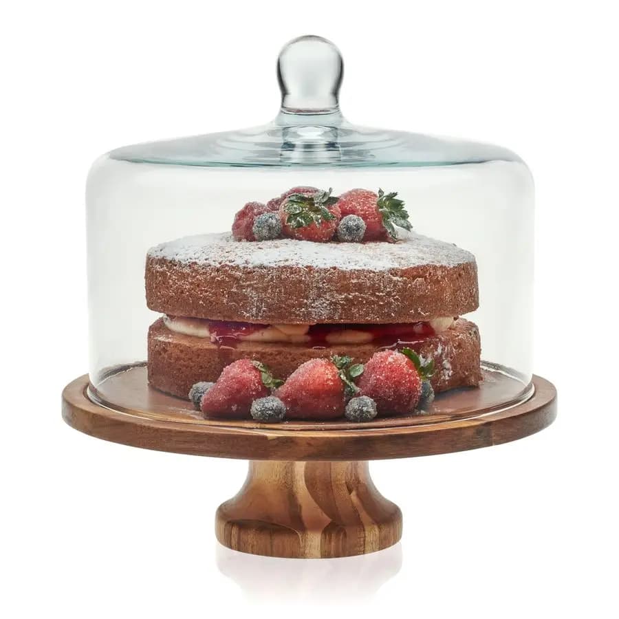 Alzata per torta in legno di acacia con coperchio, supporto per torta con coperchio, cupola da dessert in vetro con manico superiore a sfera durevole