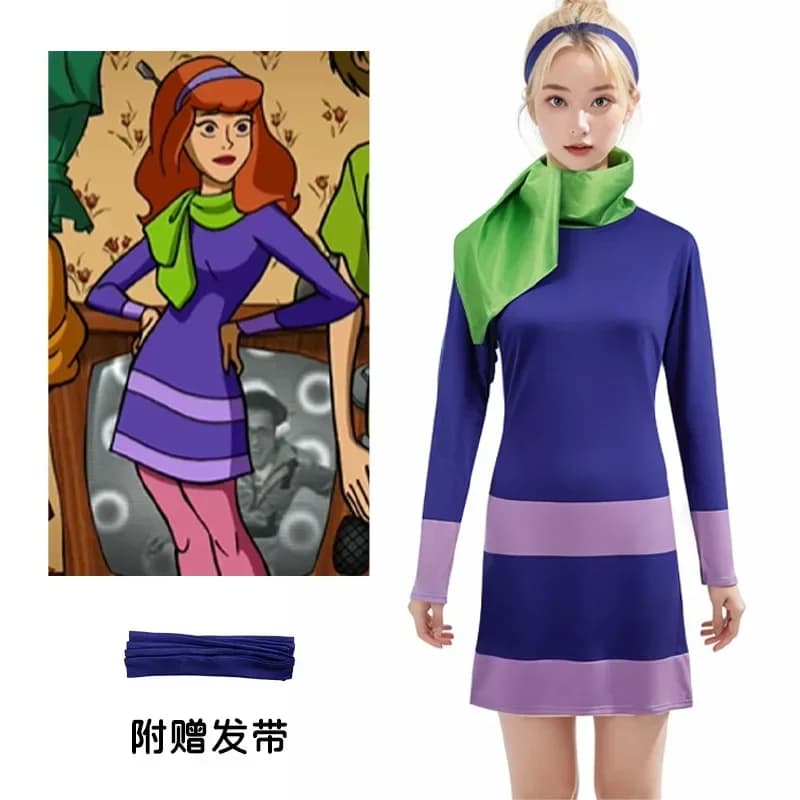 Costume Daphne 2026 per Donna Adulta, Abito per Halloween, Outfit Cosplay, Vestito Aderente Viola a Maniche Lunghe con Sciarpa