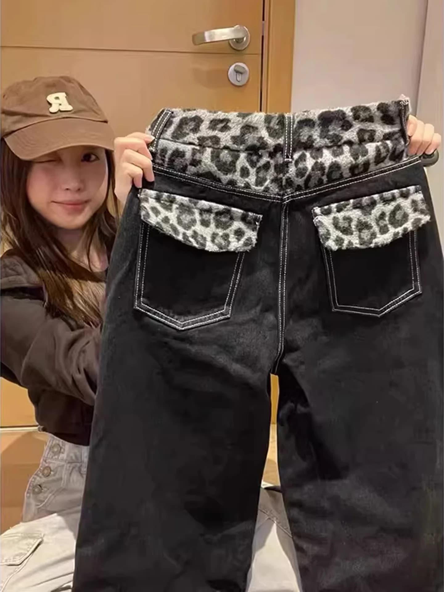 Jeans Denim a Vita Alta con Stampa Leopardata e Patchwork, Stile High Street, per Uomo e Donna, Pantaloni Casual a Gamba Dritta