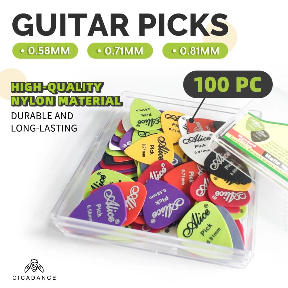 Alice 100PC plettri per chitarra plettri in Nylon 0.58/0.71/0.81mm accessori per chitarra antiscivolo resistenti all'usura regalo di natale per principianti