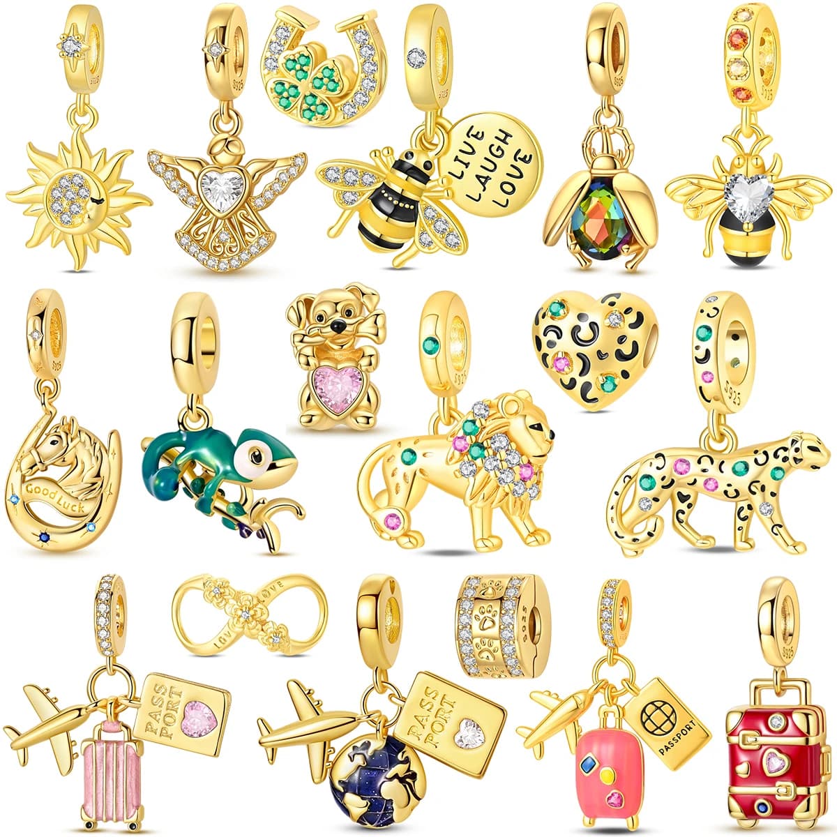 Sterling 925 Sterling Silver Sparkling Pendants Golden Horse Iron Shape, Leopard, Trifoil, Sun, Aeroplane, Bee, Suitable for Bracelets and Necklaces, Ideal as Gift
