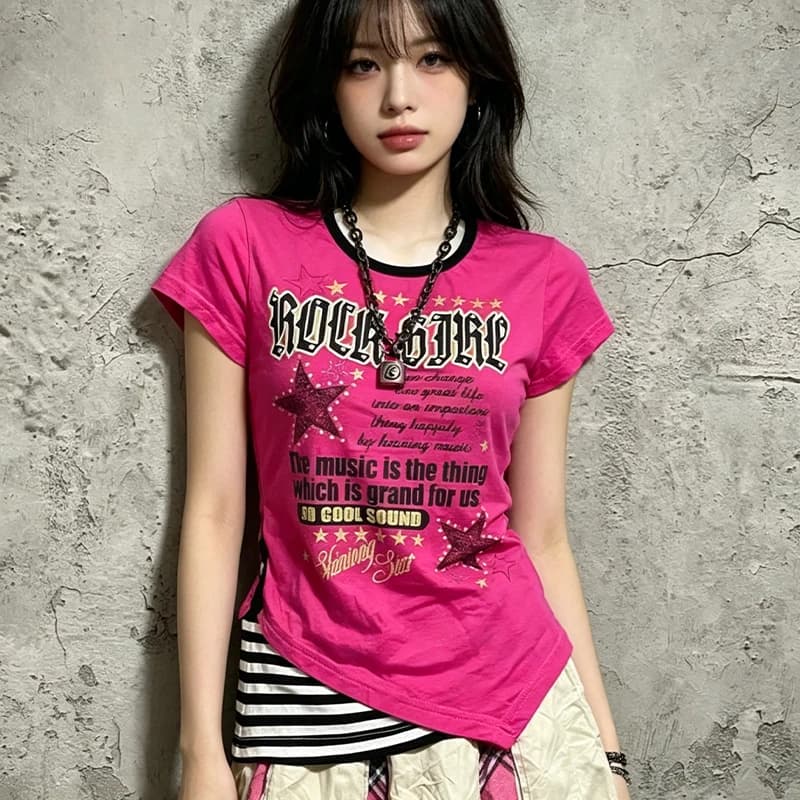 Y2K Summer Fake Two Pieces Casual T-Shirts Aesthetic Irregular Patchwork Tops Women Vintage Letter Print Grunge Harajuku Tees