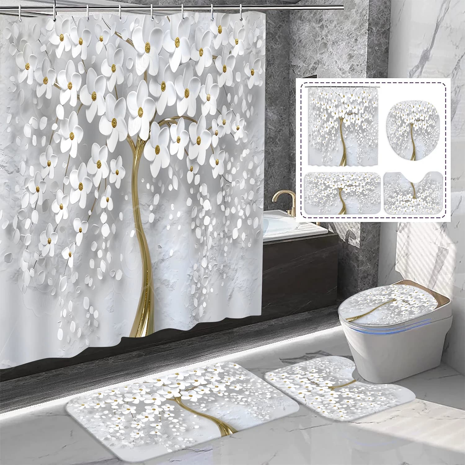 Set of abstract art white floral shower curtains 1/3/4 pieces with carpets, non-slip bath mat, U-shaped toilet mat, bathroom furniture