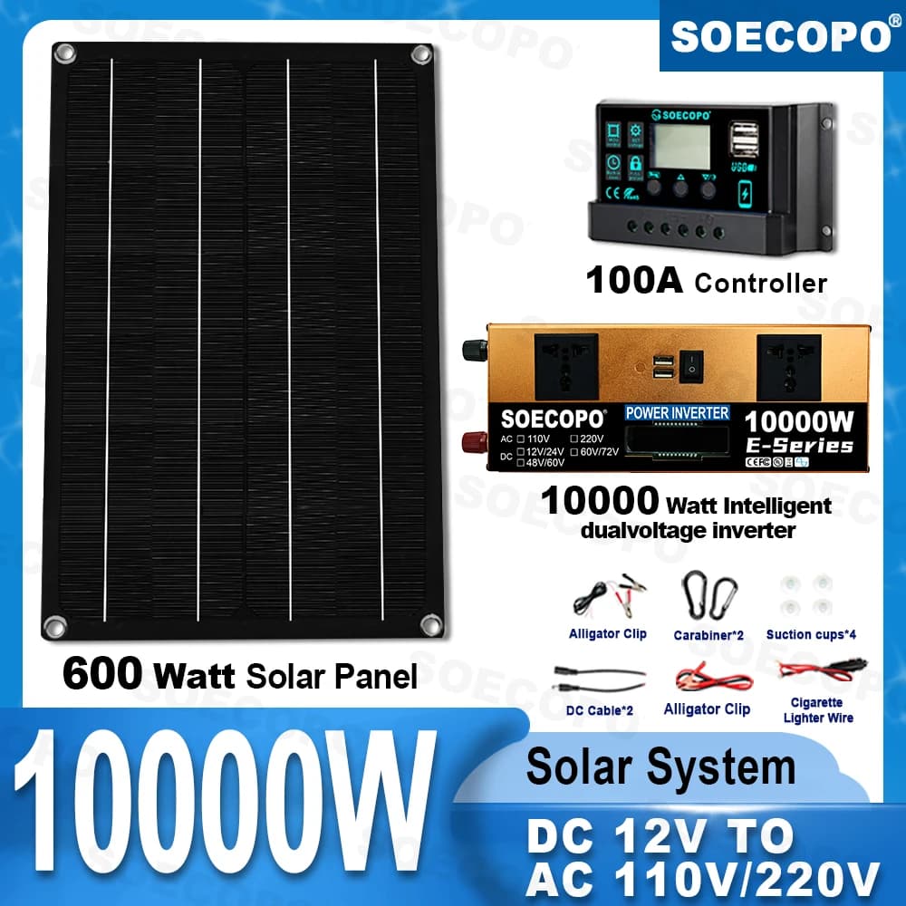 SOECOPO Kit Completo Sistema Solare 10000W di Potenza di Picco, Inverter Dual 12V 24V a 110V 220V, Regolatore 100A, Pannello 800W Off-Grid per Casa