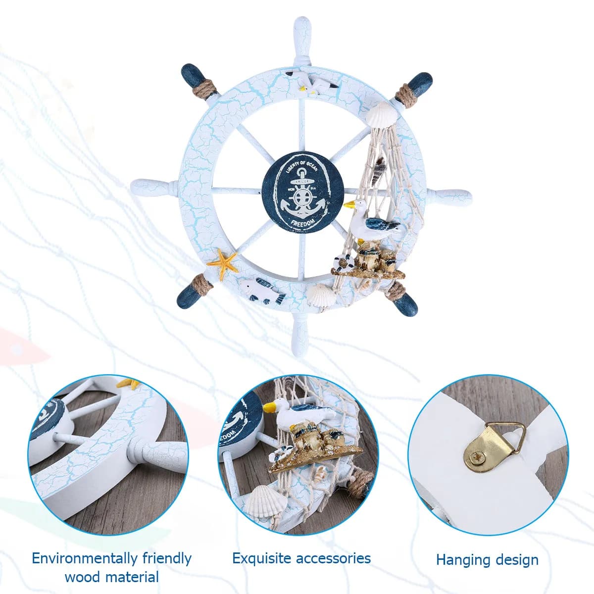 Timone Nautico in Legno a Otto Razze, Blu Chiaro e Bianco, Decorazione da Parete per Casa e Spiaggia, Stile Mediterraneo, con Rete da Pesca e Conchiglie, da Appendere