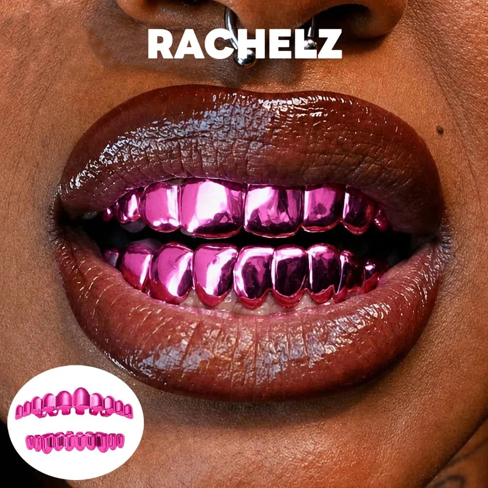 RACHELZ Sweet Cool 6/8/10 Mirror Pink Color Grillz Teeth Set Hip Hop Glossy Tooth Caps For Women Men Jewelry Dental Grills