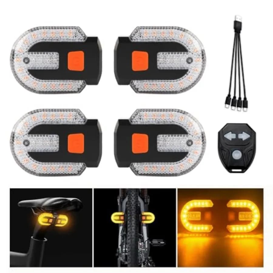 Set di 4 Indicatori di Direzione per Biciclette con Allarme, Luce Posteriore USB Ricaricabile con Telecomando, 5 Modalità, Impermeabile