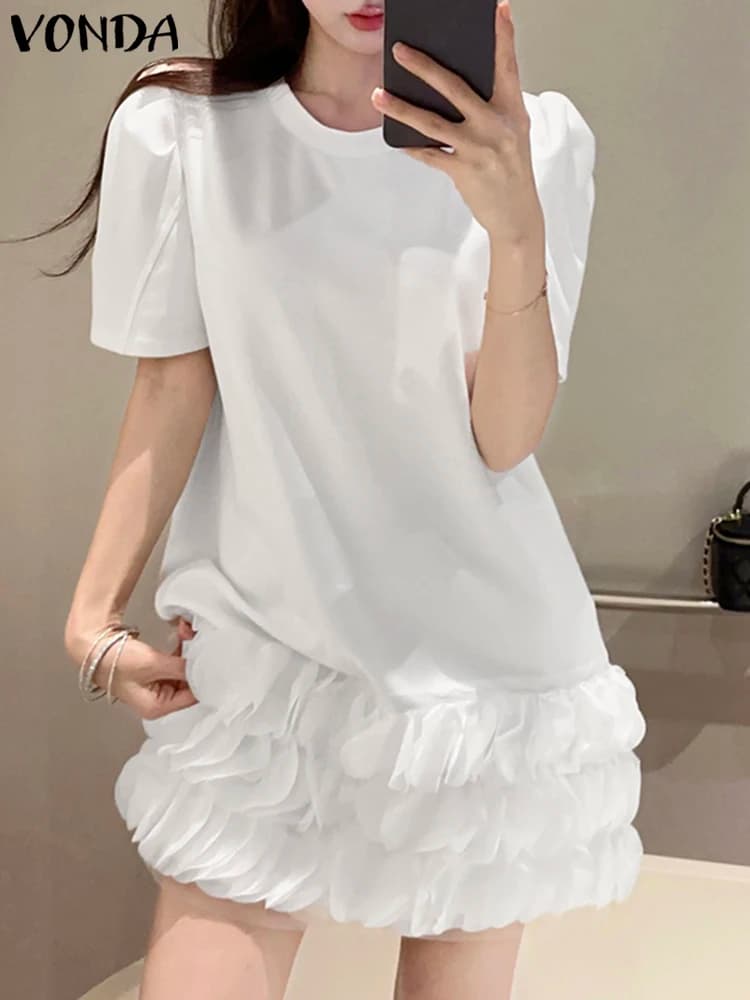 Casual Allentato Tinta Unita Mini Vestito Estivo Sexy Abito Increspato VONDA Bohemian Holiday Abiti Oversize O-Collo Manica Corta Veste