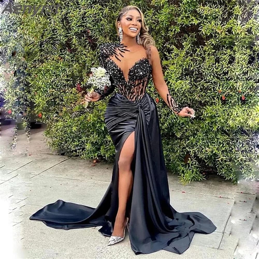 Abiti da festa sexy a sirena nera Abito da sposa a maniche lunghe con spacco alto Paillettes Abiti da ballo in cristallo con perline Dubai abiti da noche