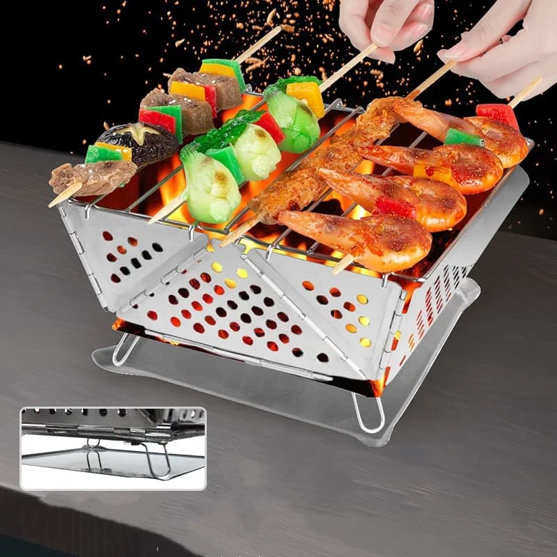 Griglia per barbecue pieghevole in acciaio inossidabile da campeggio Griglia a carbone divisa Bruciatore per barbecue Accessori da esterno per picnic in campeggio