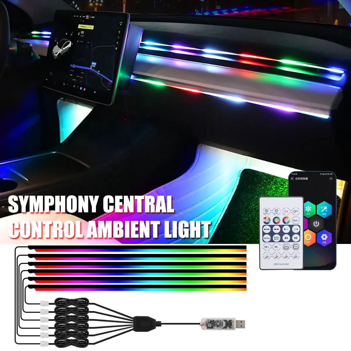KEVANLY Luci ambientali per auto 10 in 1 Poggiapiedi Lampade d'atmosfera RGB universali APP USB Accendisigari remoto per Tesla Model 3 YSX