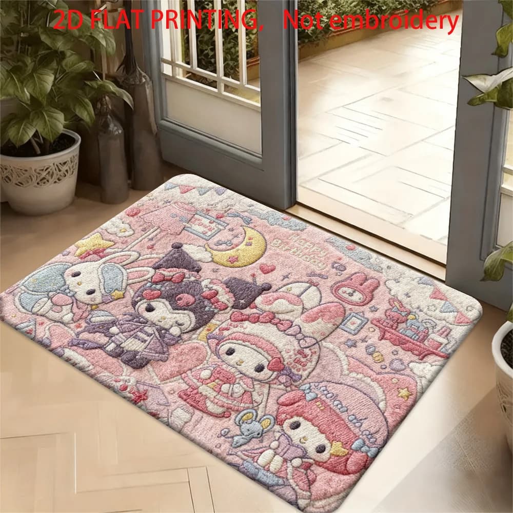 1 pz. Tappeto in poliestere con stampa 2D piatta Sanrio Kuromi, morbido tappeto in flanella, tappetino caldo per camera da letto, bagno, porta, Natale