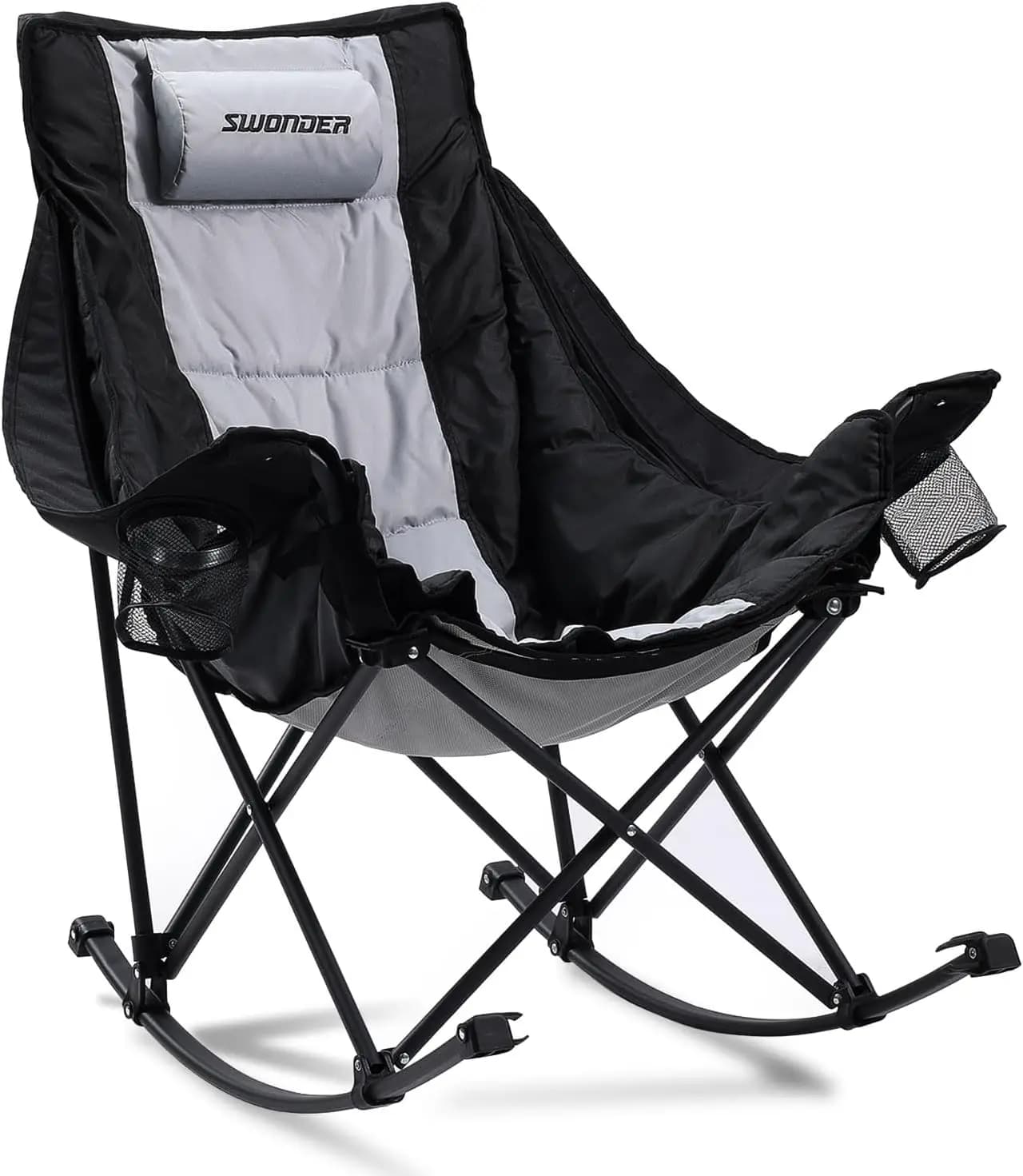 Oversize camping rocking chair with removable cushion, outdoor padded folding chair with headrest and transport bag