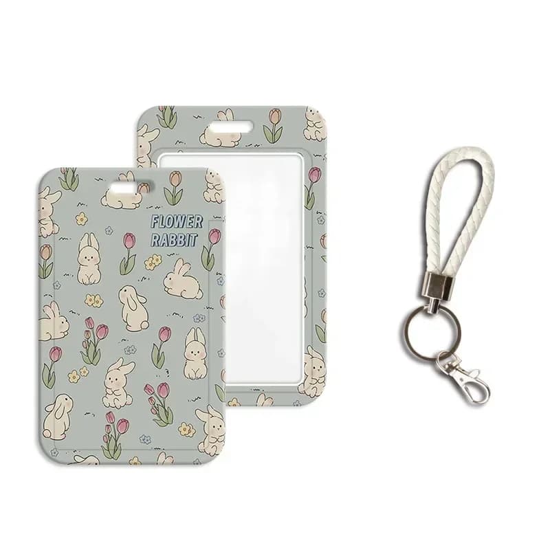 Sweet Bunny photoward Holder con cordino Sweet Cartoon Animal Rabbit Student ID Card Cover portachiavi portatile Bus Card Organizer