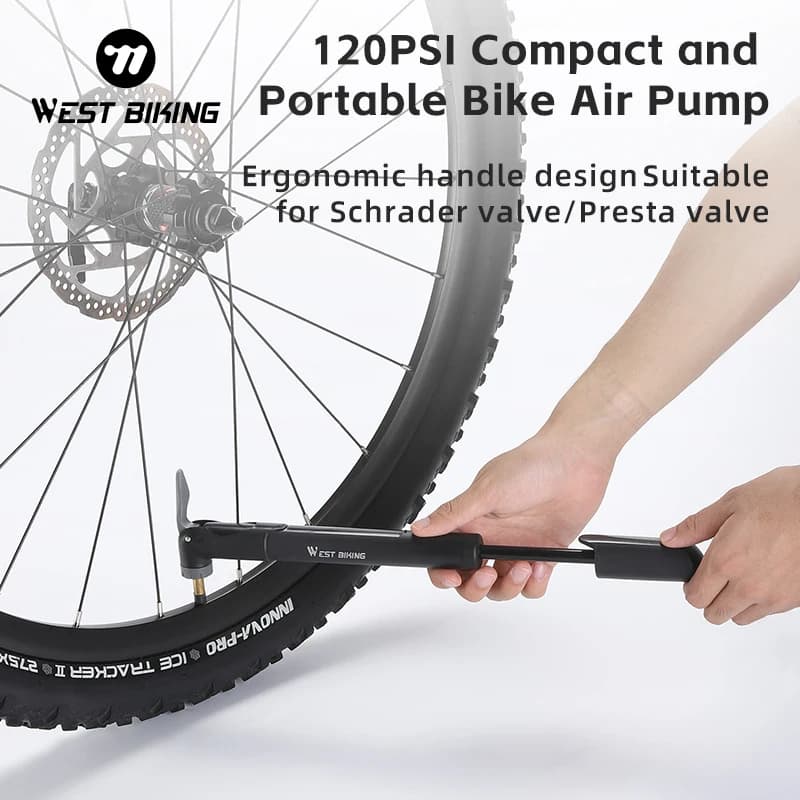 WEST BIKING Mini Bicycle Pump 120PSI Portable Schrader/Presta Valve Air Pump Bike Tire Hand Inflator MTB Road Bike Accessories