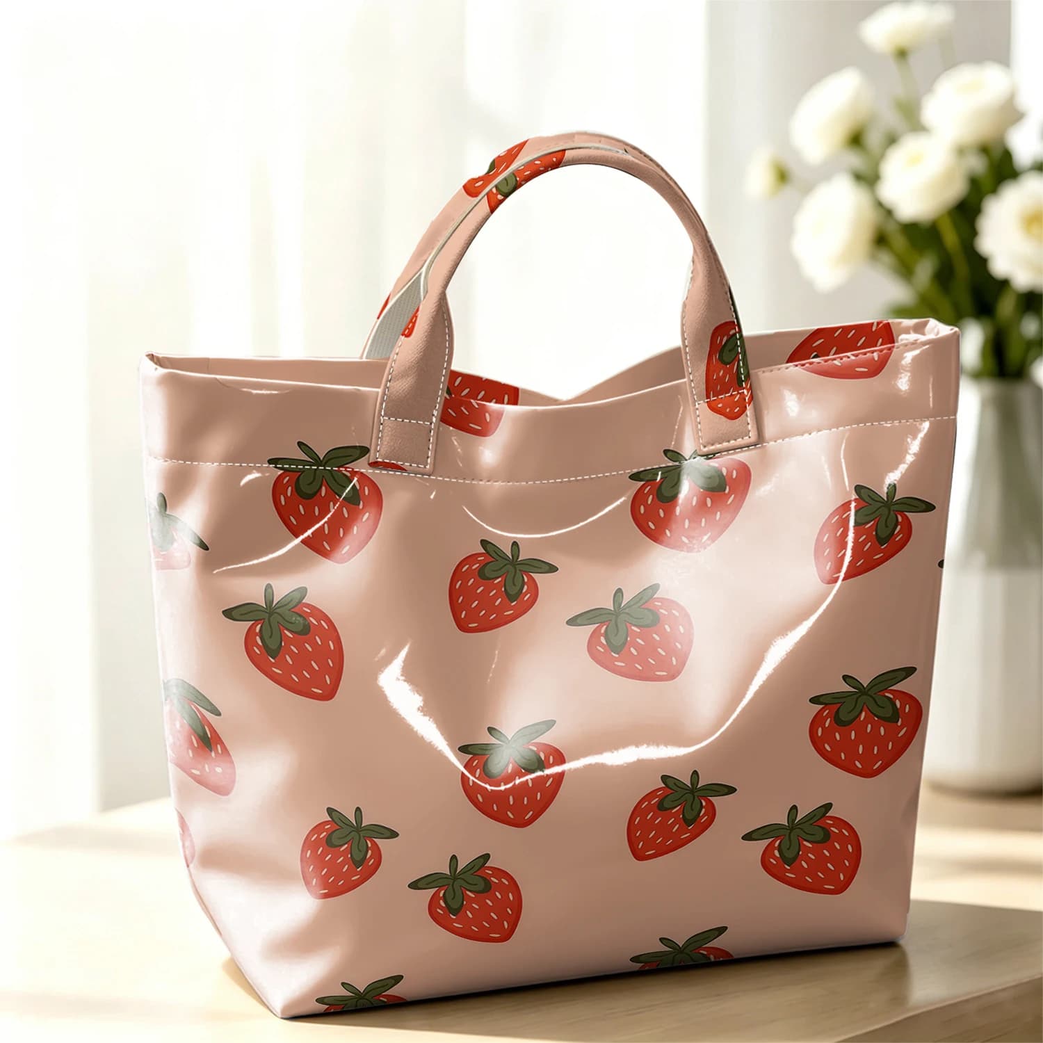 Peach Strawberry Stylish Large Glossy PVC Tote Bag Washable Waterproof Durable Ideal for Travel Commute Cosmetics Books Handbags