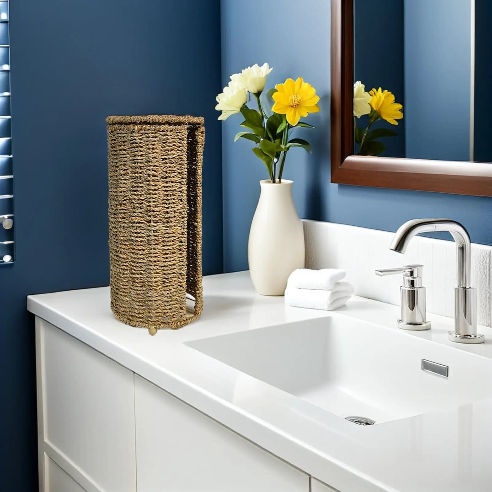 Cesto porta fazzoletti rotondo intrecciato a mano con coperchio, organizer da bagno, porta carta igienica, contenitore portaoggetti per il bagno