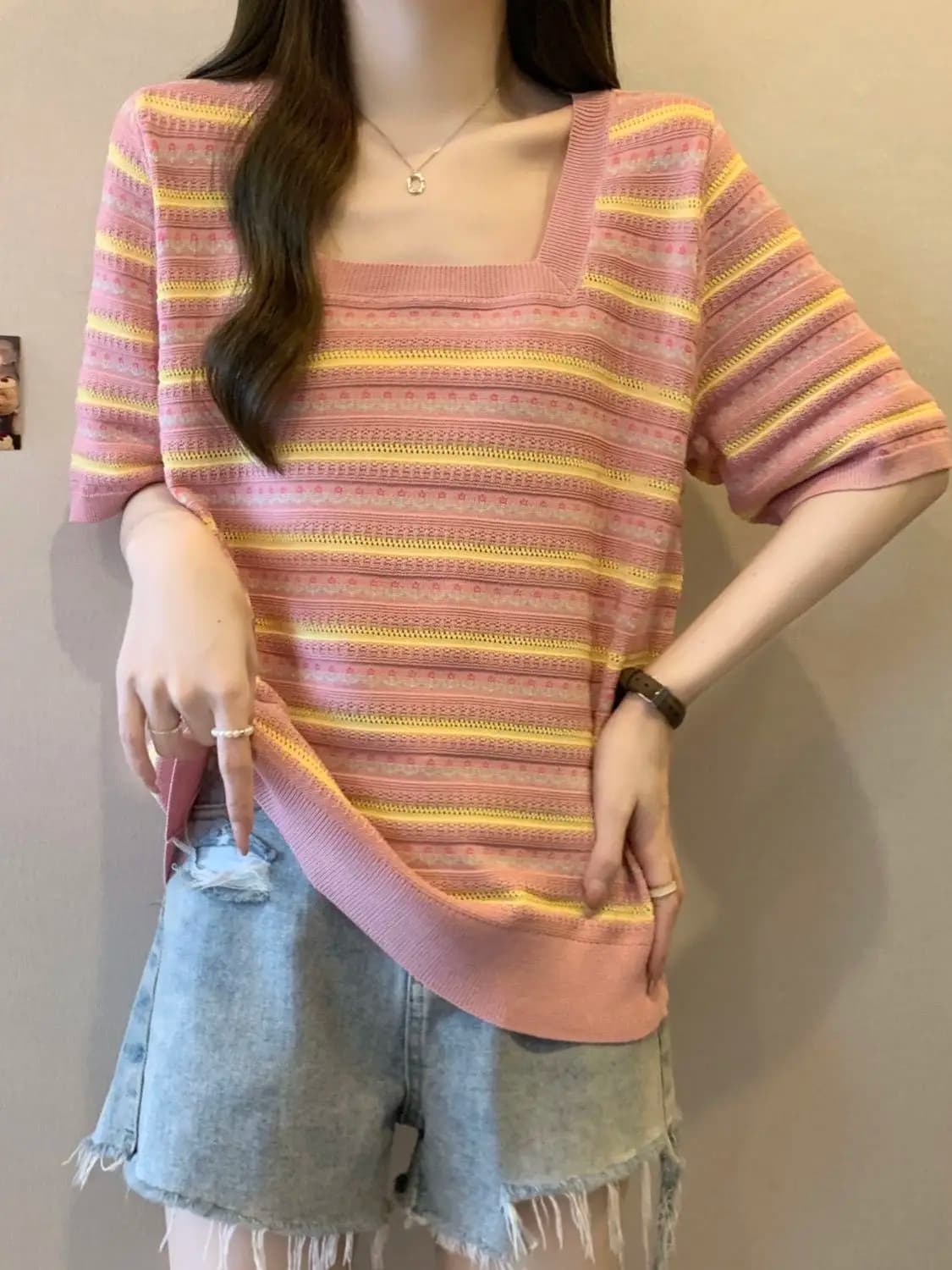 Large Size Hollow out Ice Silk Knitted Top Summer T-Shirt Stripe Base Shirt Fashionable Casual Style Short Sleeve Henry Collar