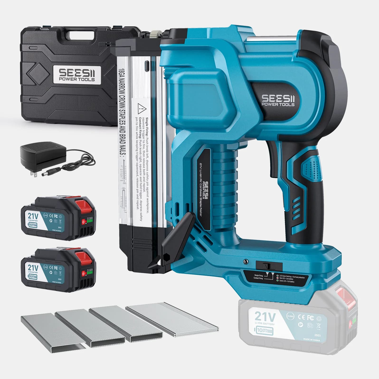 SEESII Chiodatrice Elettrica a Impatto 2 in 1 per Legno, 1000 Chiodi/Graffette, Utensile Fai-da-te con Batteria 4.0Ah