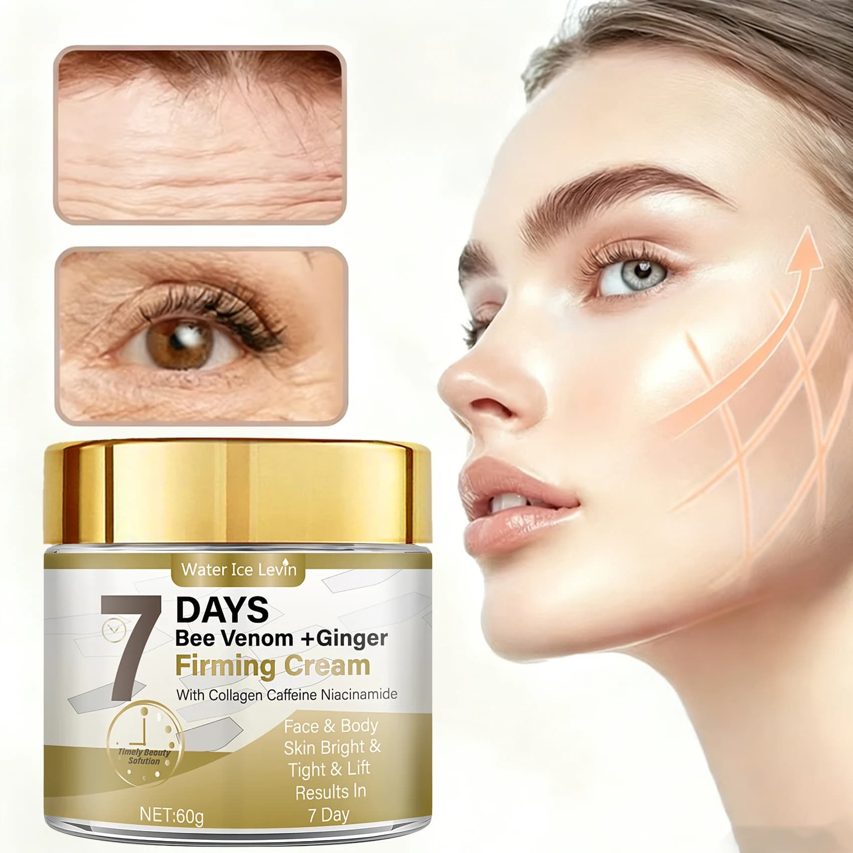 Cream Rassodante al Veleno d'Api e Zenzero con Collagene, Caffeine e Niacinamide Illumina, Rassoda e Solleva Viso e Corpo. Results Visible in 7 Days.