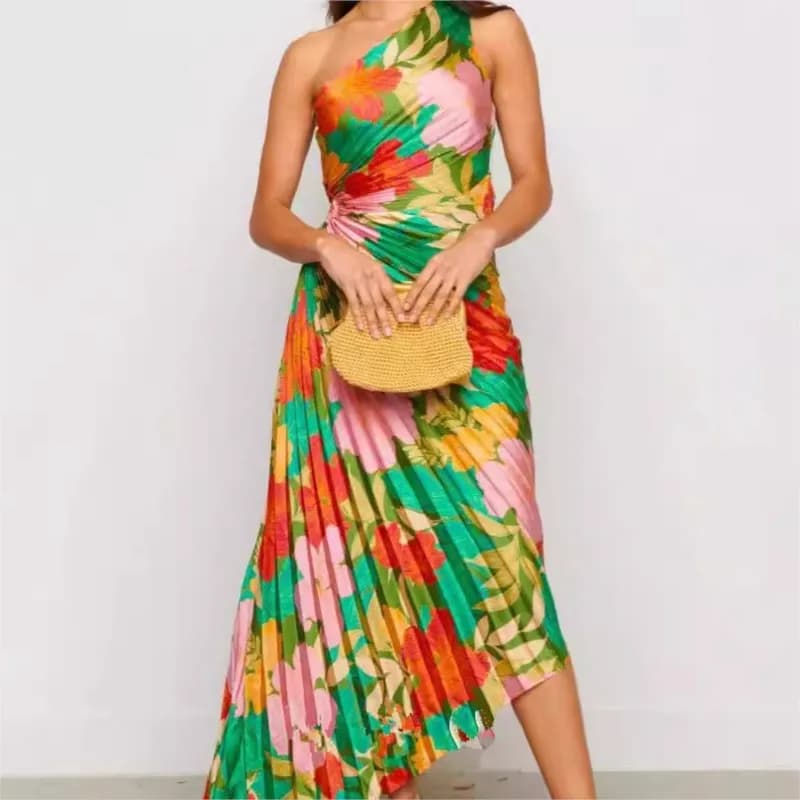 Abito lungo da donna di tendenza con stampa irregolare pieghettata scava fuori colletto obliquo abito da festa abito patchwork senza maniche da donna abiti