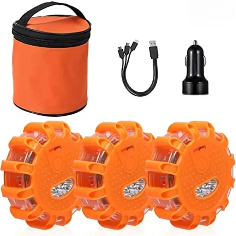 Set di 3 Luci di Emergenza LED Lampeggianti, Ricaricabili USB, Disco di Sicurezza Stradale con Base Magnetica Lampeggiante