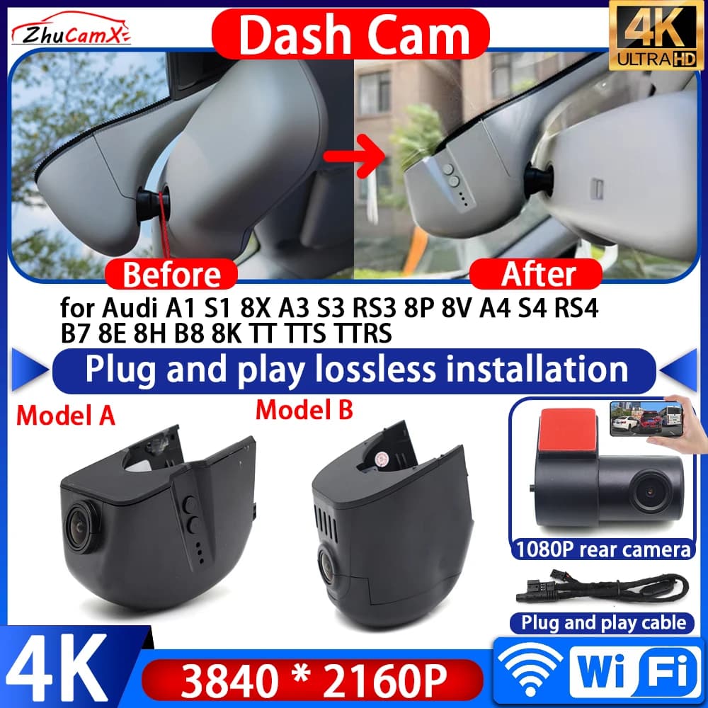 Registratore Video 4K Plug & Play con Visione Notturna e Wi-Fi, DVR Dash Cam per Audi A1 S1 8X A3 S3 RS3 8P 8V A4 S4 RS4 B7 8E 8H B8 8K TT TTS TTRS
