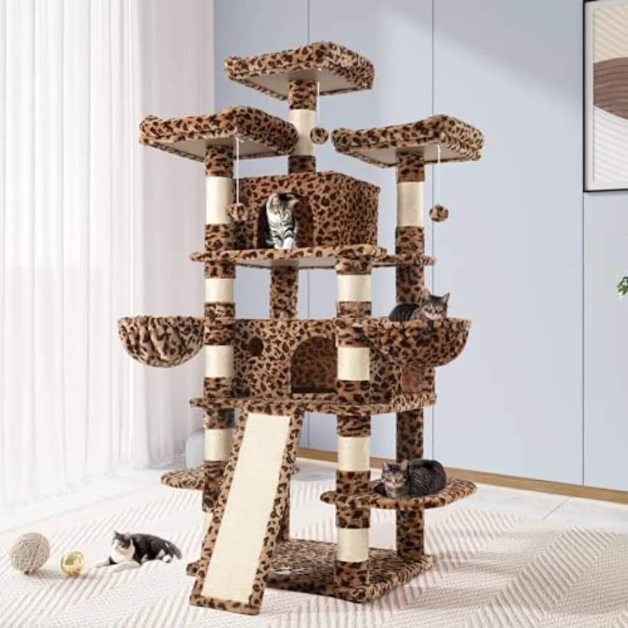 Albero per Gatti da 68 Pollici/Cuccia e Torri per Gatti Grandi/Tiragraffi/Albero da Arrampicata Multilivello Grande per Gatti con Cuccia/Leopard Pri