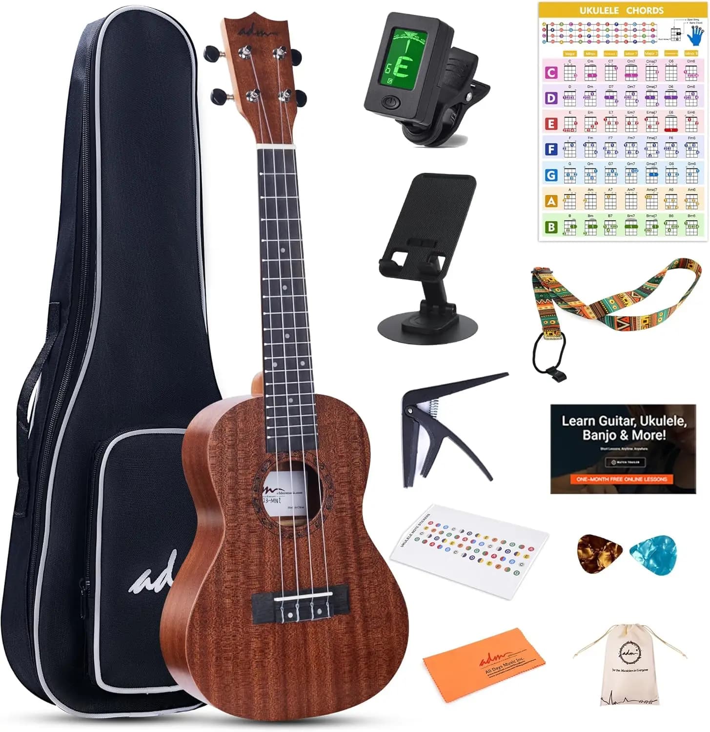 23 inch Mahogany Hawaiian Wood Ukulele Bundle for Kids, Students, and Adults – Beginner Kit with Free Starter Lessons, Yellow Brown (Khaki)