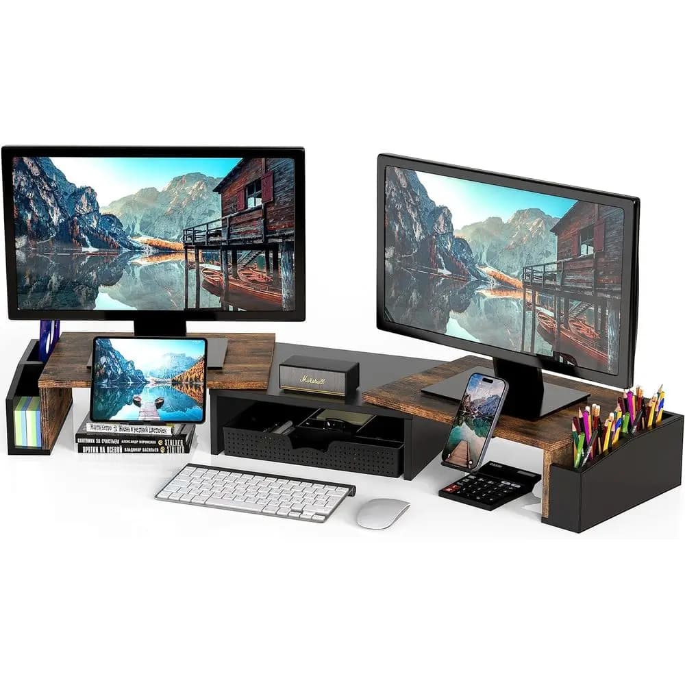 Supporto per Doppio Monitor in Stile Rustico Marrone
