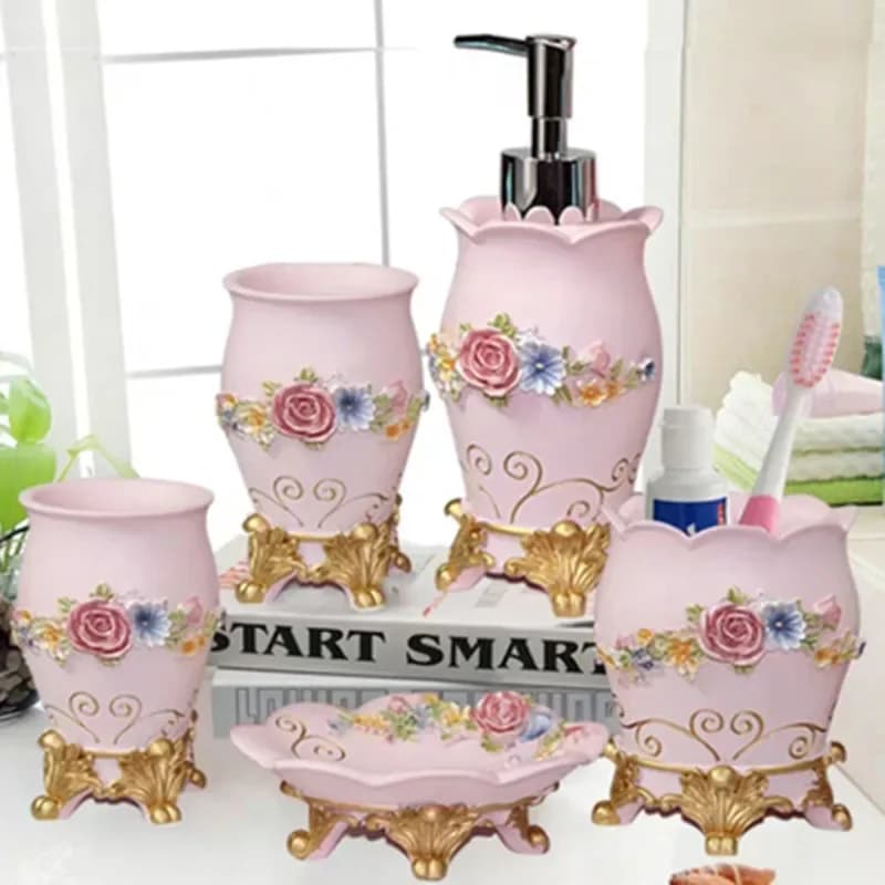 Set da bagno regalo di nozze - Kit di accessori rosa - Set da cinque pezzi in resina rossa - Dispenser di sapone - Portaspazzolino