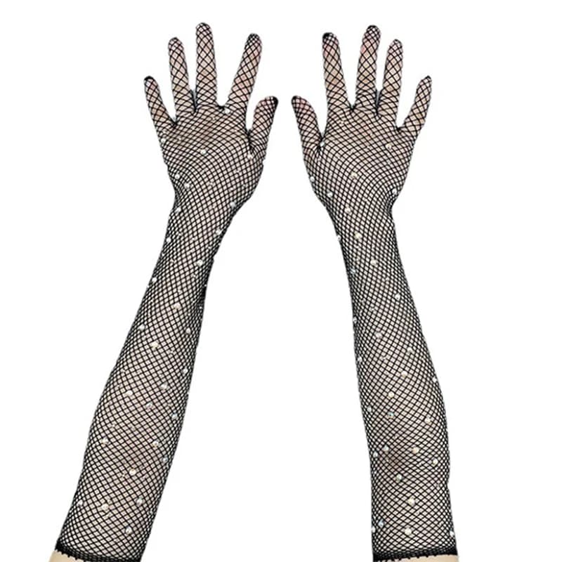New Black White Red Long Mesh Gloves With Rhinestones Hollow Fishing Net Women's Gloves Finger Fancy Cosplay Fishnet Gloves