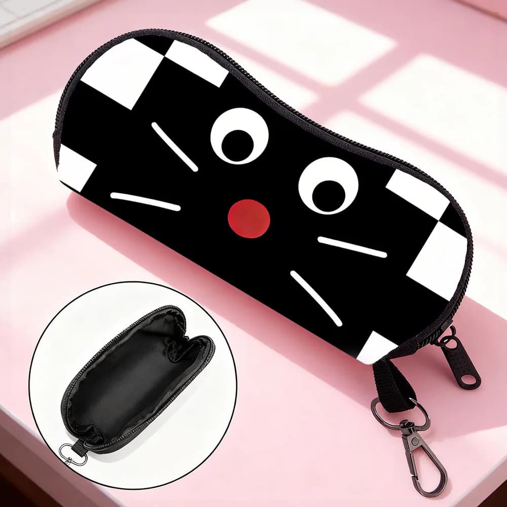Custodia per Occhiali con Stampa Gatto in Pelle PU, Porta Occhiali da Sole con Cerniera, Borsa Portatile Antiurto per Occhiali con Moschettone