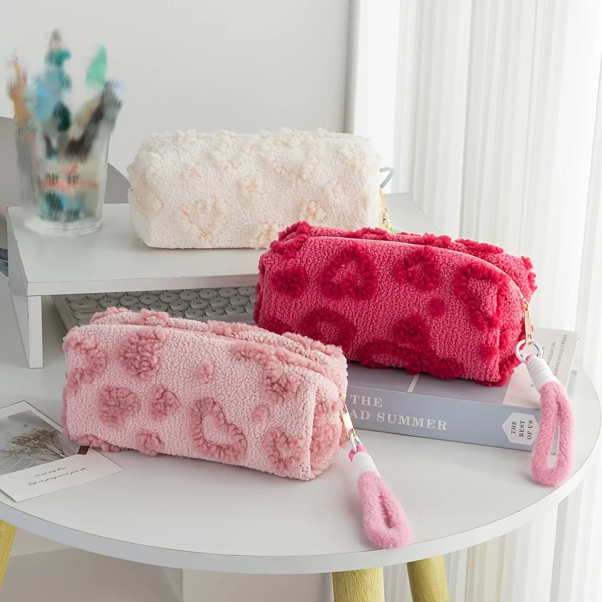 Borsa Cosmetica a Forma di Cuore Soffice e Carina con Chiusura a Cerniera, Organizer per Trucchi da Viaggio alla Moda, Borsa Portatile per Pennelli da Trucco