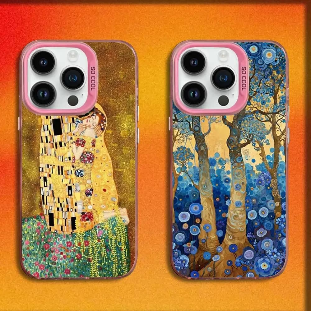 Custodia per telefono Gustav A-Art Klimt per iPhone 17, 16, 15, 14, 13, 12, 11, Pro, Max, Plus, E, SE4, Air, Mini, Rosa, IMD Box